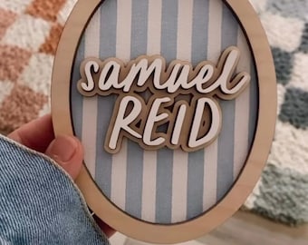 Personalized Baby Name Announcement, Blue Watercolor Stripe, Custom Birth Announcement Oval Wood Sign