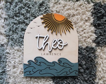 Personalized Ocean Nursery Sign, Hand Painted Birch Wood Baby Name plaque