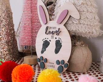 Personalized Easter footprint keepsake sign, Custom Newborn gift ideas, some bunny loves you, Easter kids craft, my first easter