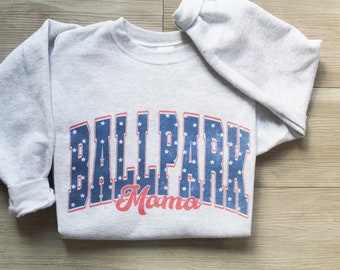 Ballpark Mama Crewneck, personalized baseball mom pullover, add name and sports number, Opening day woman’s sweater