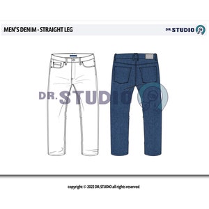 May include: Illustration of straight-leg denim jeans. One pair is shown in a line drawing, the other in a dark blue denim wash. The image includes the text "MEN'S DENIM - STRAIGHT LEG" and copyright information.