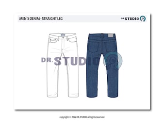 Mens STRAIGHT Leg Denim Jean CAD, Sketch, Fashion Flat, Digital Illustration Vector File (AI)