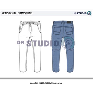May include: Line drawing of a pair of jeans with a drawstring waist. The jeans are shown in both a white outline and a blue color.
