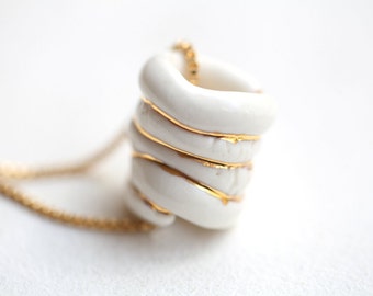 Mara, porcelain pendant, glazed and painted with gold, one of a kind (OOAK), Porcelain jewelry