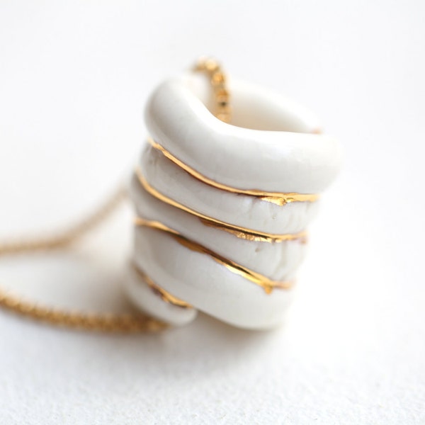 Mara, porcelain pendant, glazed and painted with gold, one of a kind (OOAK), Porcelain jewelry