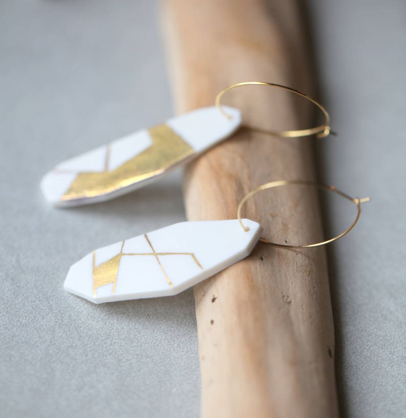 Eman. Earrings in Limoges porcelain and gold. Ceramic jewelry image 1