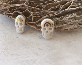 Calavera Earrings in Limoges porcelain and gold. Ceramic jewelry.