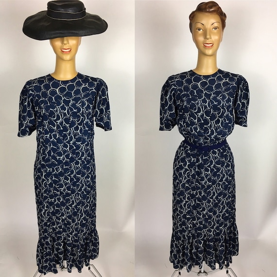 1940's NAVY SILK PRINT Dress