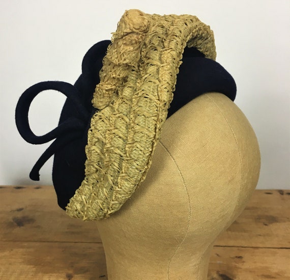 1940's/ 50's FELT & STRAW HAT Navy Blue - image 1