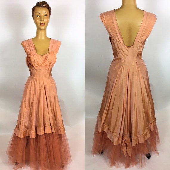 ORIGINAL 1940's PEACH RAYON Gown Dress