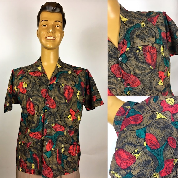 VINTAGE 1950's 1960's BANNER COTTON Print Shirt