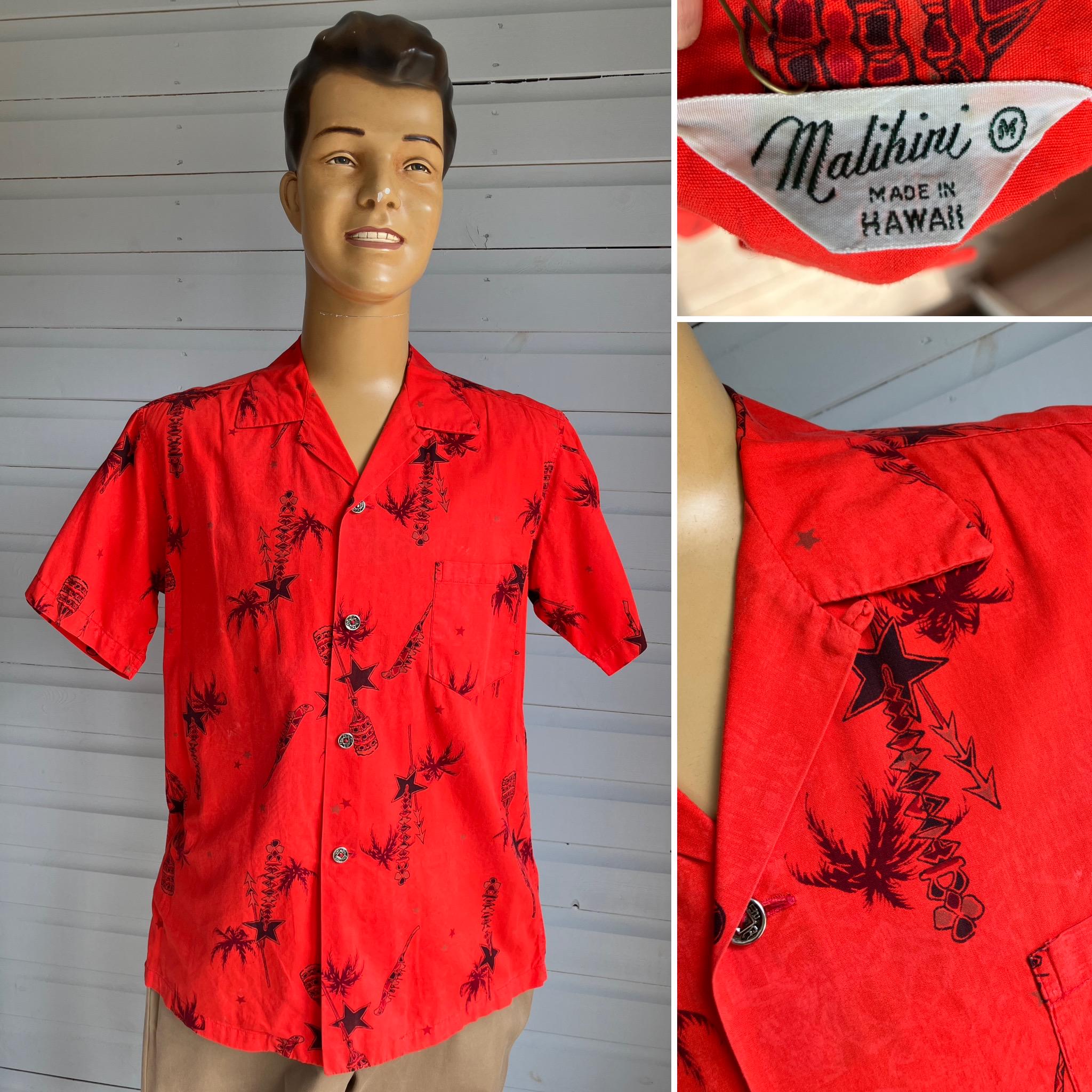 50s picture print aloha shirt vintage L