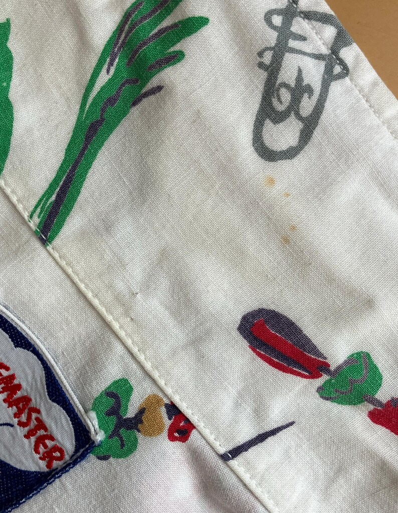 May include: Close-up of a white fabric with a repeating pattern of green, purple, red, and gray illustrations. The fabric has a stitched seam and a blue and white patch with the word "MASTER".