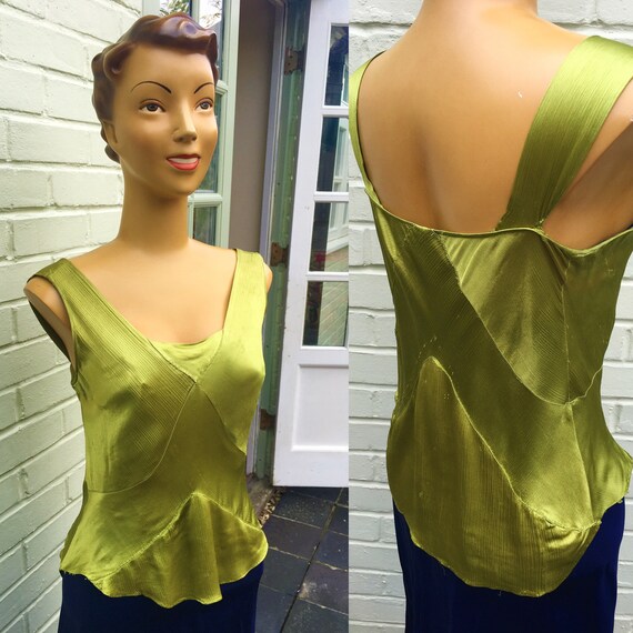 1930s SILK PLISSE CHARTREUSE Bias Blouse Rare