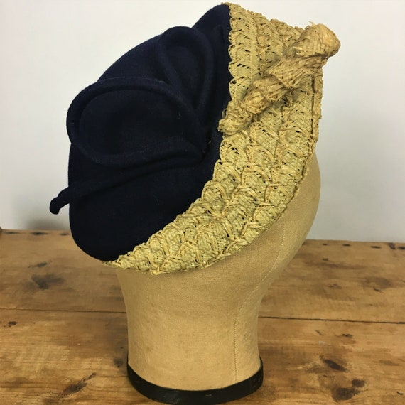 1940's/ 50's FELT & STRAW HAT Navy Blue - image 2