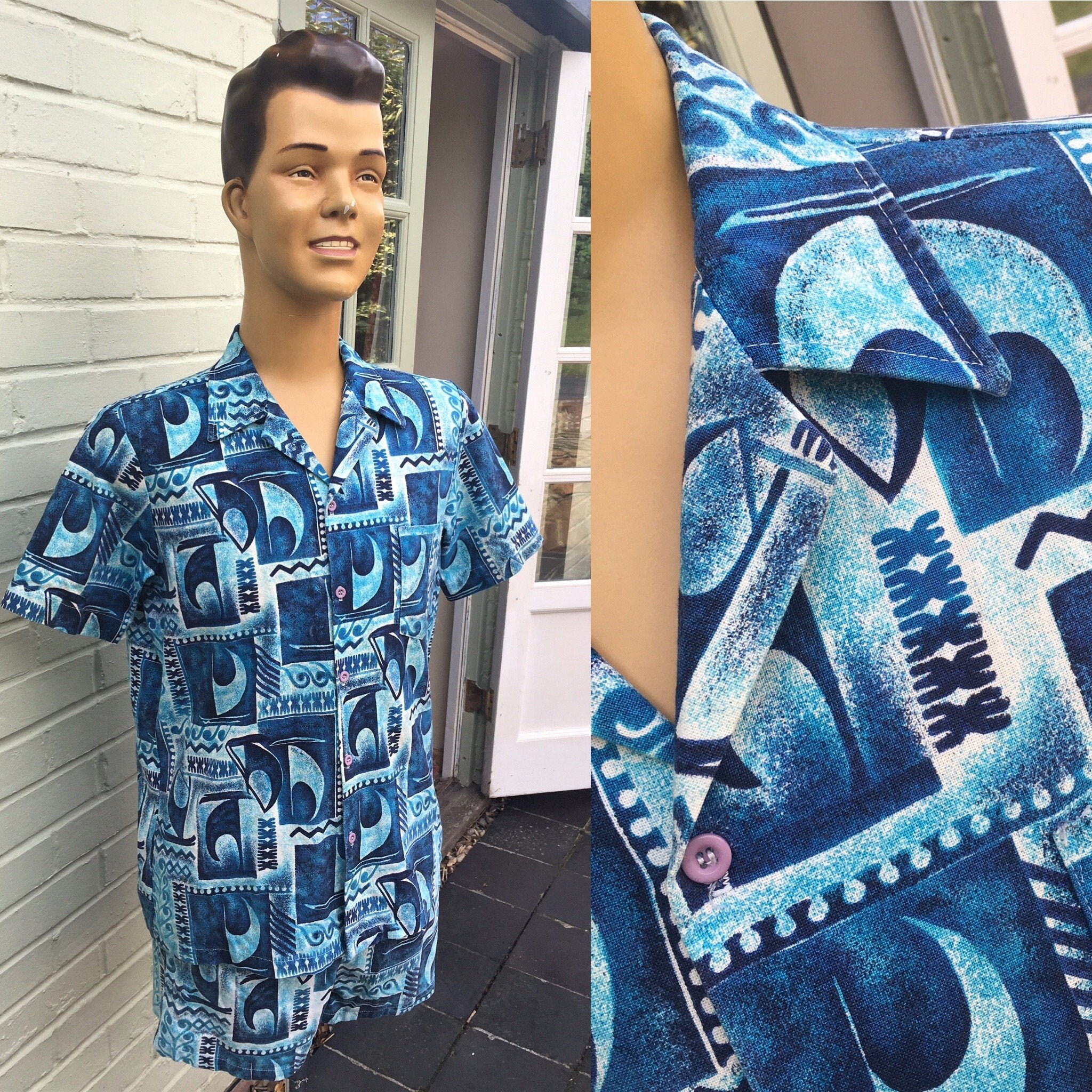 Image of Vintage 1960's Mens Cabana Set Beach Shirt Shorts