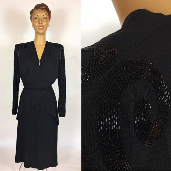 1940'S BLACK BEADED RAYON Dress Peplum