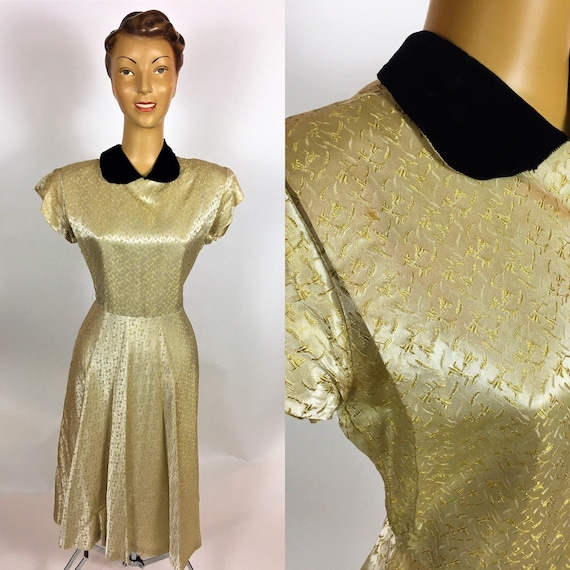 ORIGINAL 1950S GOLD SATIN Brocade Dress