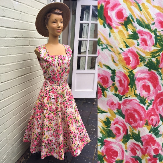 ORIGINAL 1950s COTTON ROSE Floral Print Dress