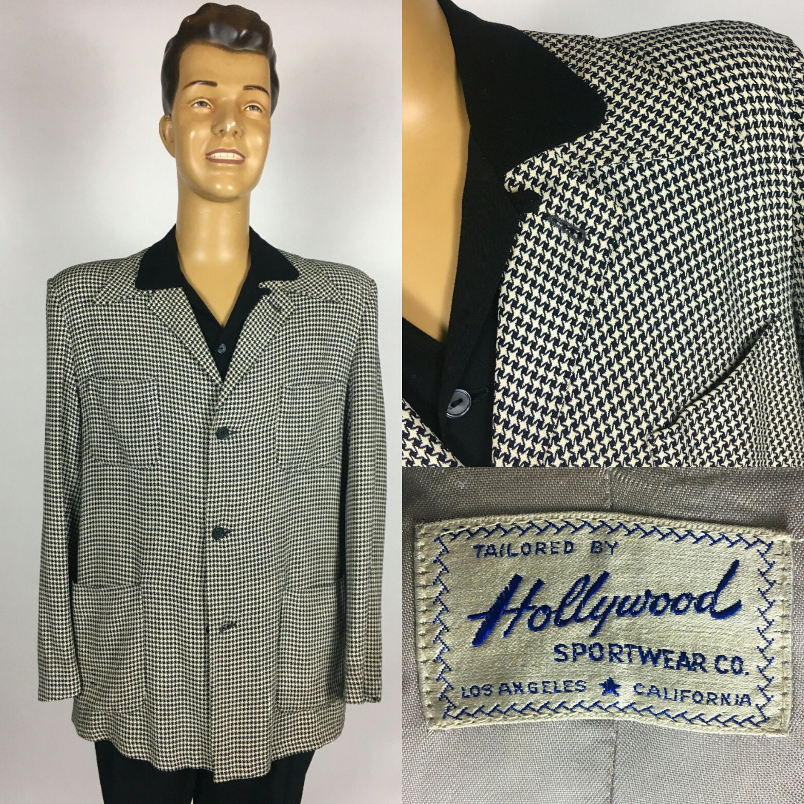 Image of Original 1940's 1950's Hollywood Houndstooth Wool Jacket