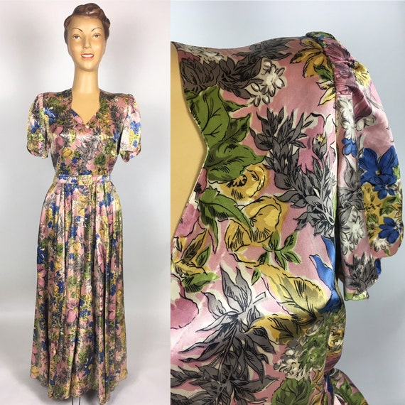 ORIGINAL 1930s/ 40s FLORAL Silk Satin DRESS