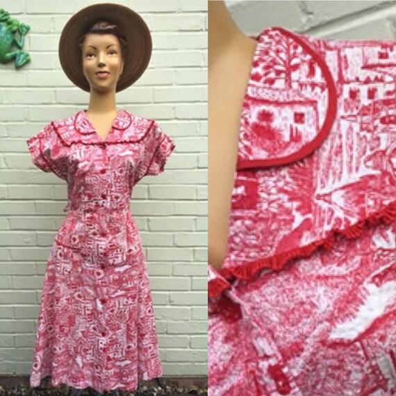 RARE ORIGINAL 1940s/ 50s COTTON Novelty Print Dres