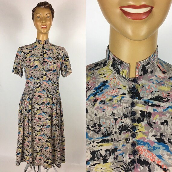ORIGINAL 1940s SILK ASIAN Print Dress