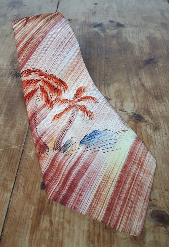 1940'S 1950’s RAYON HANDPAINTED NECKTIE Tie Palm T