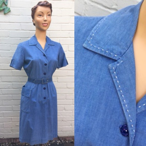 1950s COTTON CHAMBRAY DRESS S