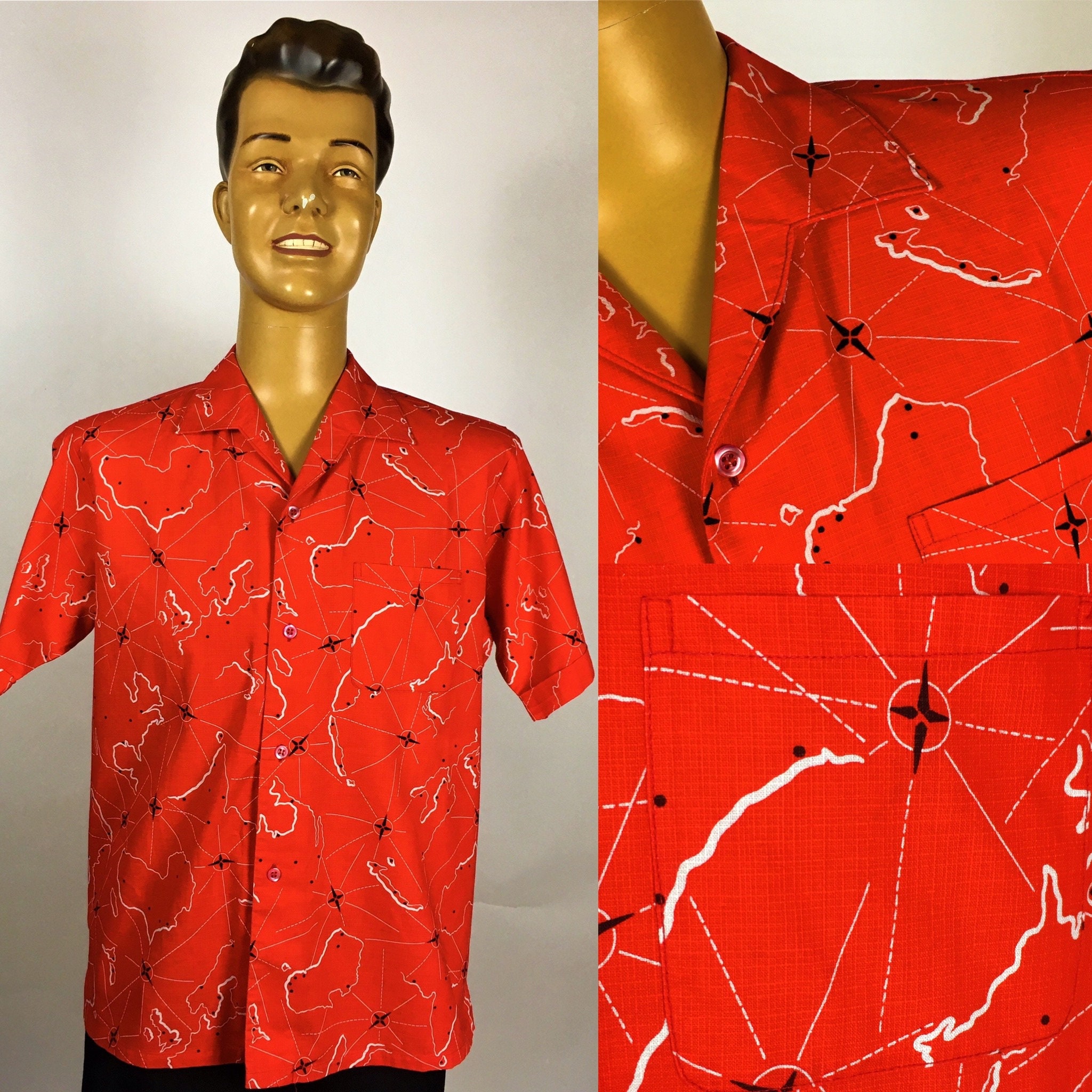 Image of Vintage 1950's 1960's Red Tootal Cotton Beach Shirt
