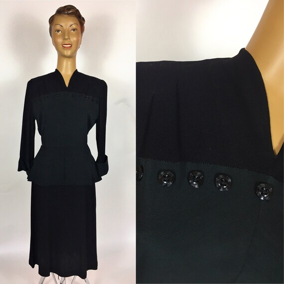 1940'S BLACK RAYON PEPLUM Dress