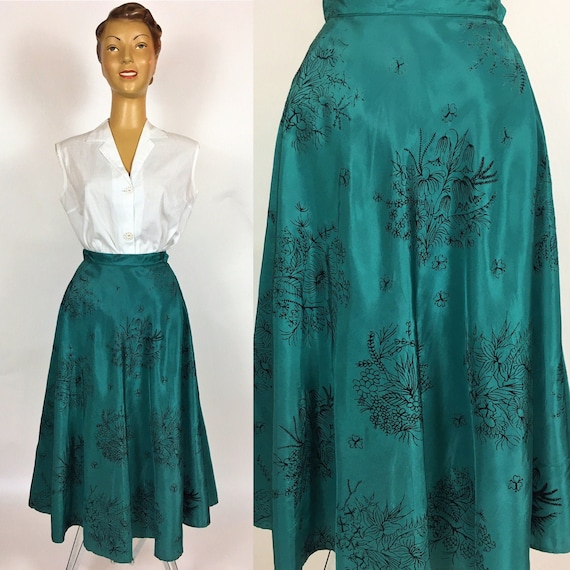 1950's RAYON FLOCKED PRINT Skirt Xs - image 1