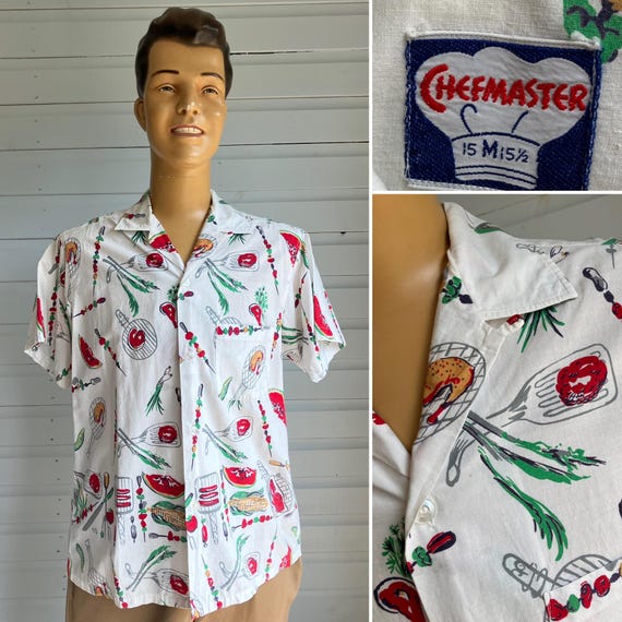 ORIGINAL 1950's NOVELTY BBQ Barbecue Print Shirt Chefmaster