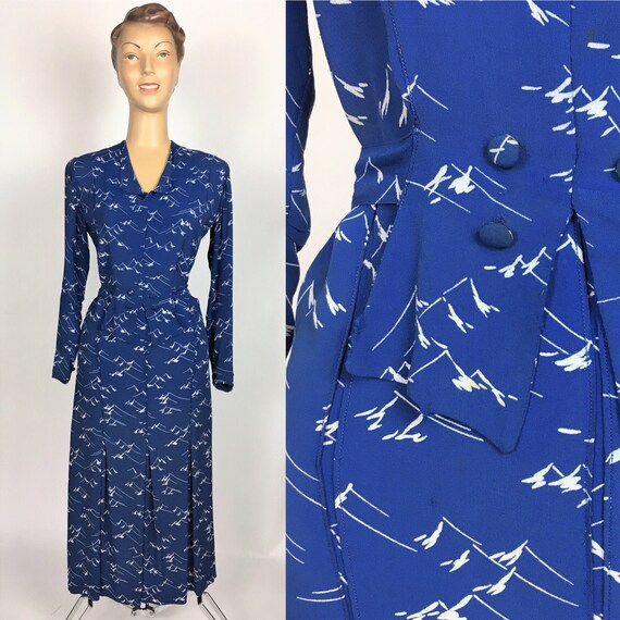 1930's/ 1940's BLUE RAYON Novelty Print Dress
