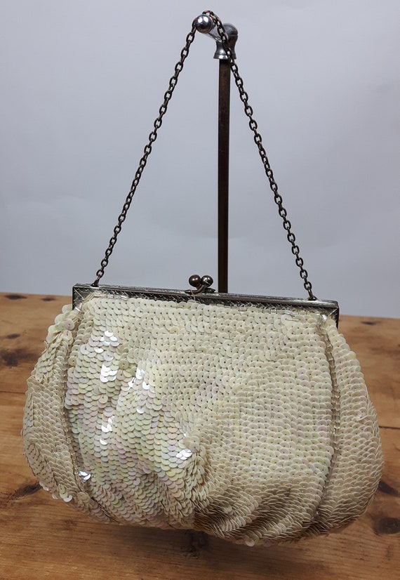 1950'S CREAM SEQUIN EVENING Purse Handbag Gem