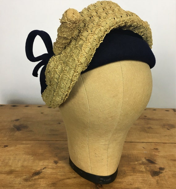 1940's/ 50's FELT & STRAW HAT Navy Blue - image 3