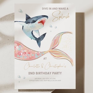 d'anniversaire commune de requin et de sirène | Invitation d'anniversaire de frère ou de soeur modifiable | Thème de fête garçon fille | Téléchargement numérique