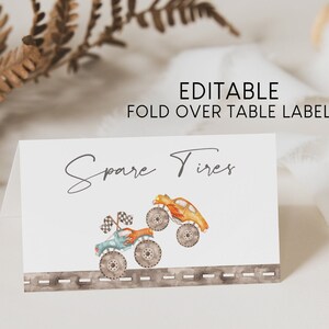 Bearbeitbare Monster Trucks Gefaltete Tischkarte, Monster Fahrzeuge Buffet Essen Label Gast Namen Karte Geburtstag Dekor Sofort Download