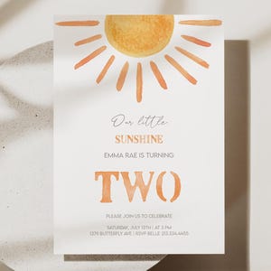 Editierbare Little Sunshine Geburtstagseinladung | Boho Sun Theme Minimalist Einladung zum 2.Geburtstag | Digitaler Download