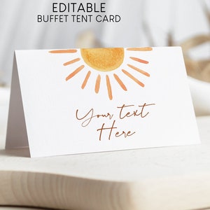 Marque-place plié Premier voyage autour du soleil 3,5 x 5 cm, étiquette de nourriture de buffet de soleil carte de visite d'invité modèle de décoration d'anniversaire numérique
