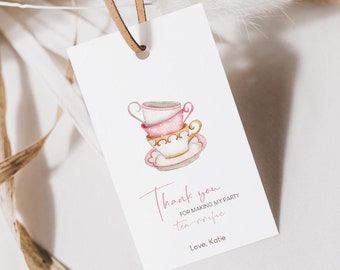 Editable Tea Party Favor Tags: Pink Floral Teacup Design (Instant Download)