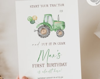 Green Tractor Birthday Invitation: Farm Theme, Editable Template (Digital)