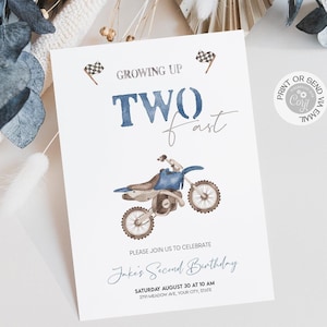 Twee snelle verjaardagsuitnodiging: Blue Dirt Bike Party (afdrukbaar, bewerkbaar)
