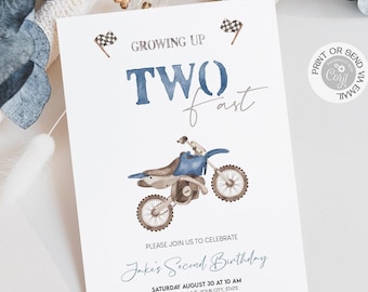 May include: A blue and brown birthday invitation with a watercolor illustration of a dirt bike. The invitation says "Growing Up Two Fast" and includes the text "Please join us to celebrate Jake's Second Birthday, Saturday August 30 at 10 AM, 37th Meadow Ave, Your City, State."