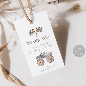 Editable Monster Truck Favor Tags: Dusty Blue Birthday Thank You (Digital Download)