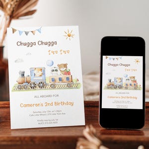 Invitación de cumpleaños del tren "Choo Choo", invitación para fiesta de tren para el segundo cumpleaños, tema de transporte editable, descarga instantánea e imprimible