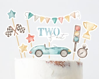 Cake Topper Due auto da corsa veloci secondo compleanno, Decorazione compleanno auto da corsa retrò, Toppers Cupcake stampabili 2o compleanno ragazzo, Download istantaneo