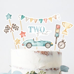 Cake Topper Due auto da corsa veloci secondo compleanno, Decorazione compleanno auto da corsa retrò, Toppers Cupcake stampabili 2o compleanno ragazzo, Download istantaneo