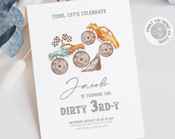 May include: A birthday party invitation for a boy turning three. The invitation features a watercolor illustration of two monster trucks, one blue and one orange, driving over a rock. The text on the invitation reads "Come, Let's Celebrate Jacob is turning the Dirty 3rd-Y".