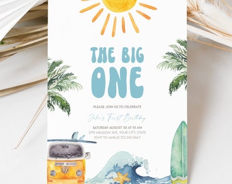 May include: A blue and white invitation card with a yellow sun, a surfboard, a van, and waves. The text on the card reads "The Big One" and "John's First Birthday".